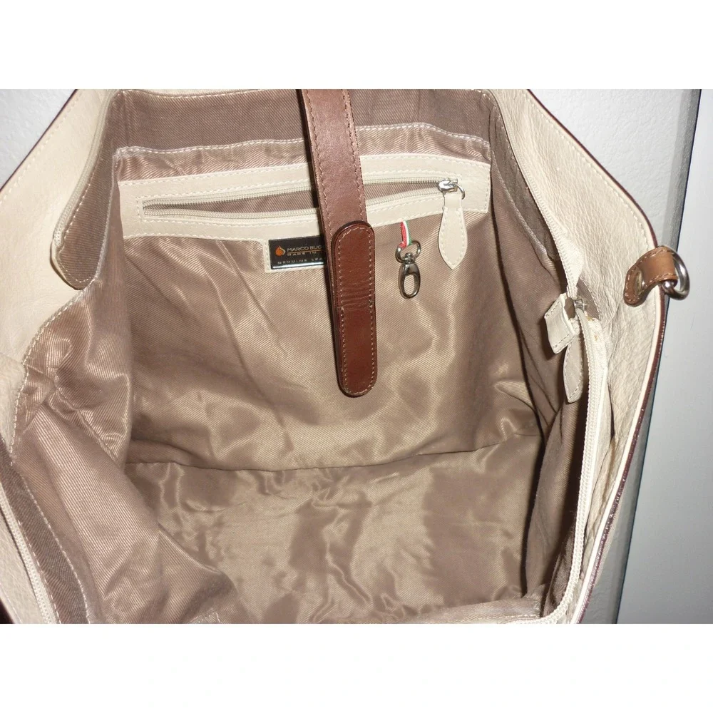 Marco Buggiani Chic‎ Tote Bag Women Beige Brown Leather Top Handle Shoulder Bag